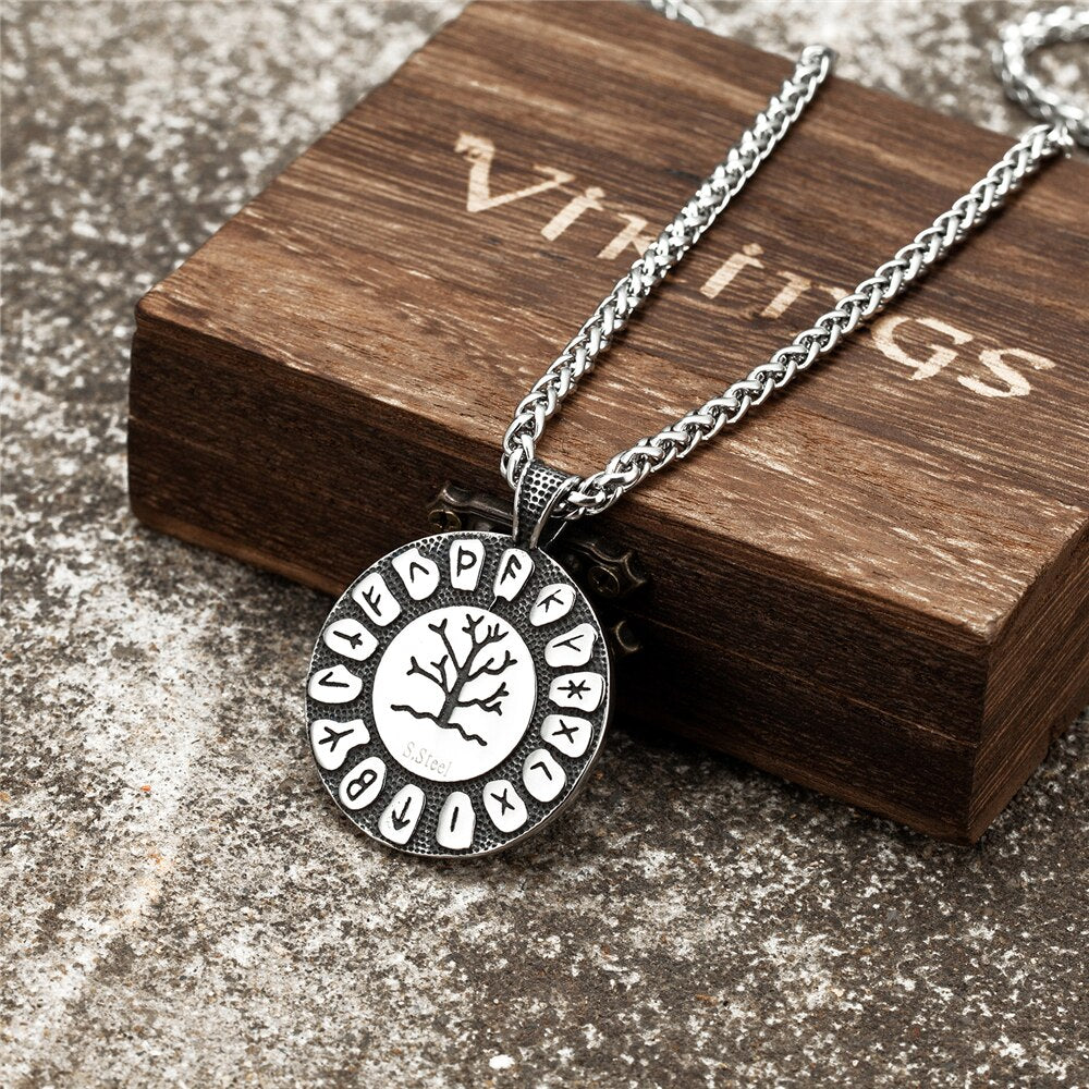 Vintage Viking Tree Of Life Necklace Men Norse Runes Amulet Round Pendant Stainless Steel Scandinavian Jewelry Gift