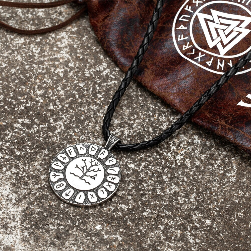 Vintage Viking Tree Of Life Necklace Men Norse Runes Amulet Round Pendant Stainless Steel Scandinavian Jewelry Gift
