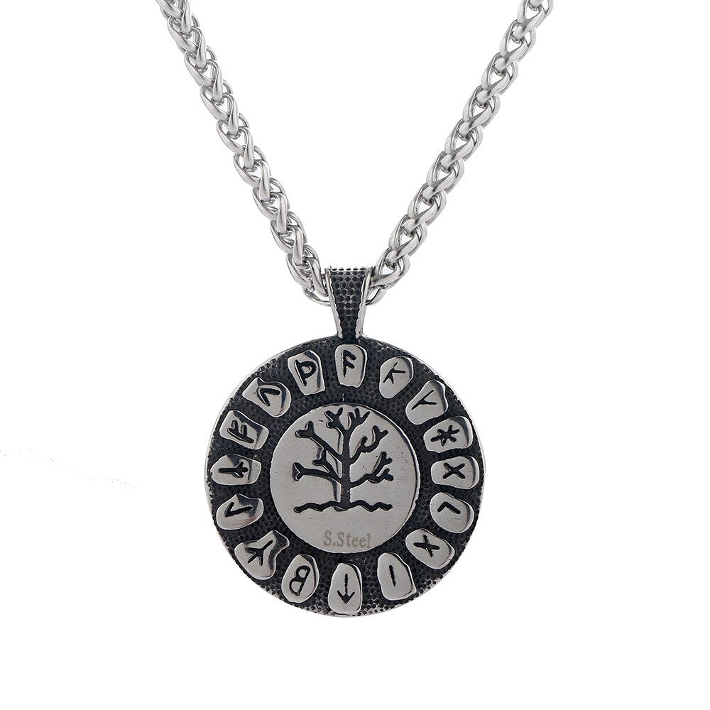 Vintage Viking Tree Of Life Necklace Men Norse Runes Amulet Round Pendant Stainless Steel Scandinavian Jewelry Gift