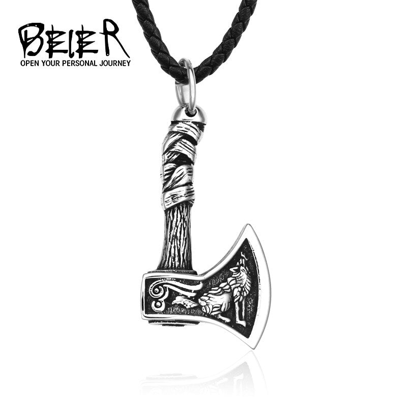 Vintage Viking Wolf Scandinavian Hammer Axe Pendant Men Women Stainless Steel Necklace Jewelry