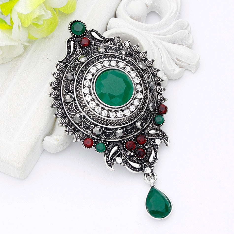 Vintage Women Red Resin Round Water Drop Brooch Pin Women Antique Silver Color Flower Corsage Jewelry India Bride Hijab Badge
