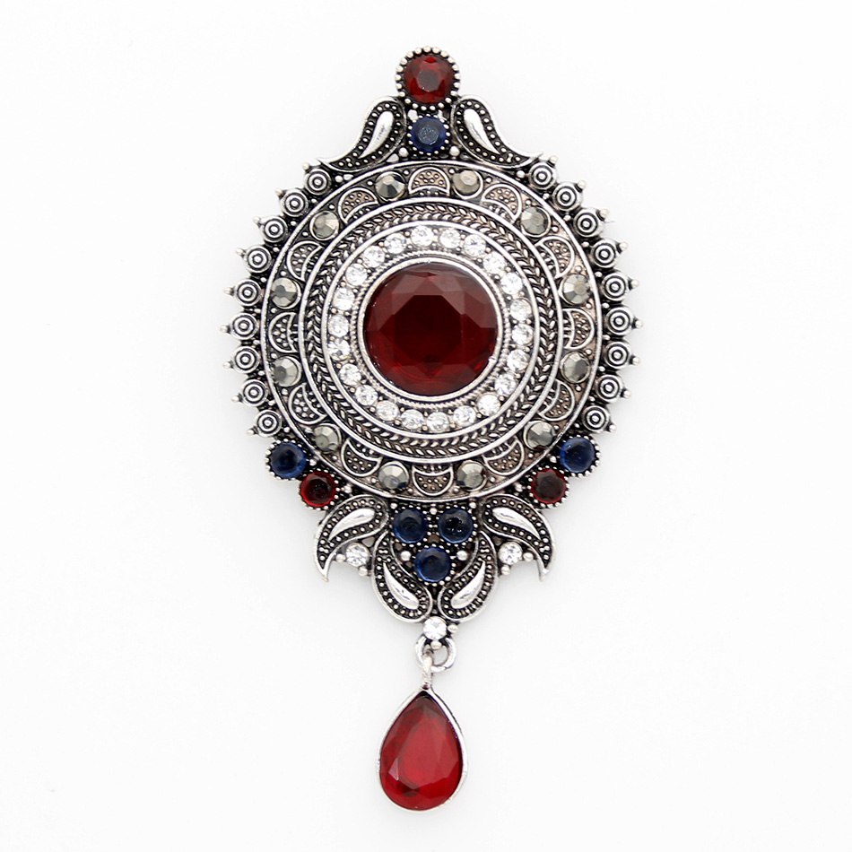 Vintage Women Red Resin Round Water Drop Brooch Pin Women Antique Silver Color Flower Corsage Jewelry India Bride Hijab Badge