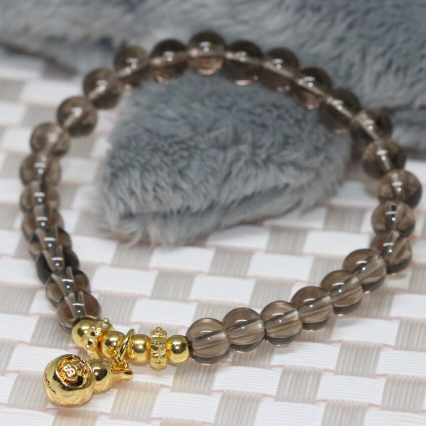 Vintage gold-color gourd pendant gray electroplate crystal glass bracelet   6mm round beads jewelry 7.5inch B2128