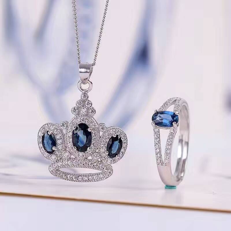 Vintage natural sapphire jewelry 4*6mm sapphire ring and sapphire pendant jewelry set solid 925 silver sapphire jewelry for lady