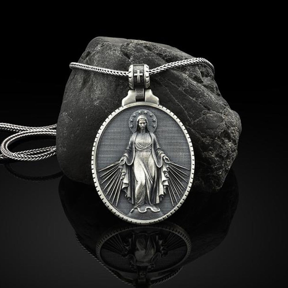 Virgin Mary Commemorative Necklace Badge Religious Christian Stainless Steel Pendant Necklace Catholic Faith Chain Necklace