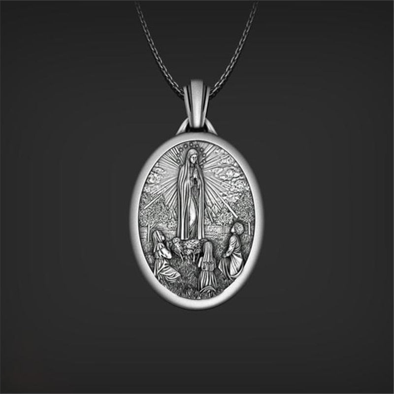 Virgin Mary Necklace Pendant Religion Viking Ancient Silver Color Christian Necklace Men Women Religious Jewelry Christmas Gifts
