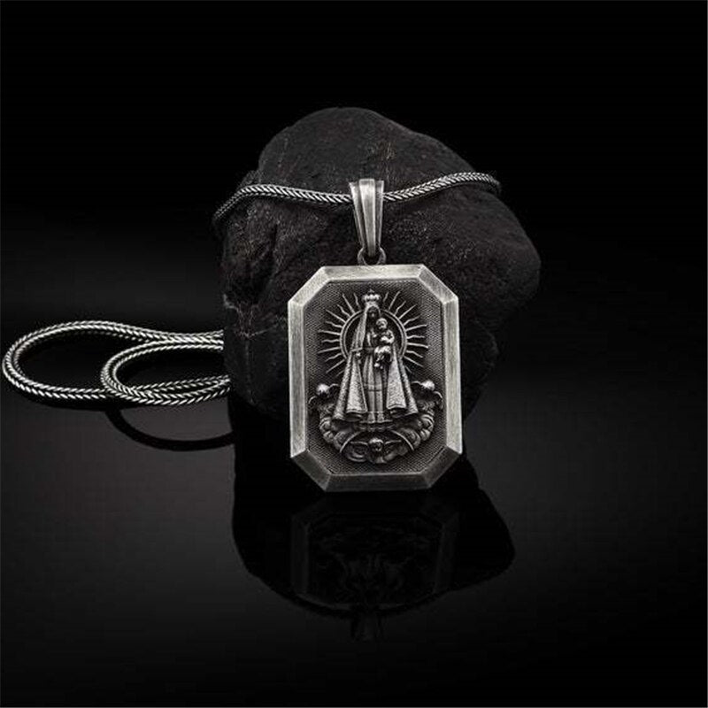 Virgin Mary Necklace Pendant Religion Viking Ancient Silver Color Christian Necklace Men Women Religious Jewelry Christmas Gifts