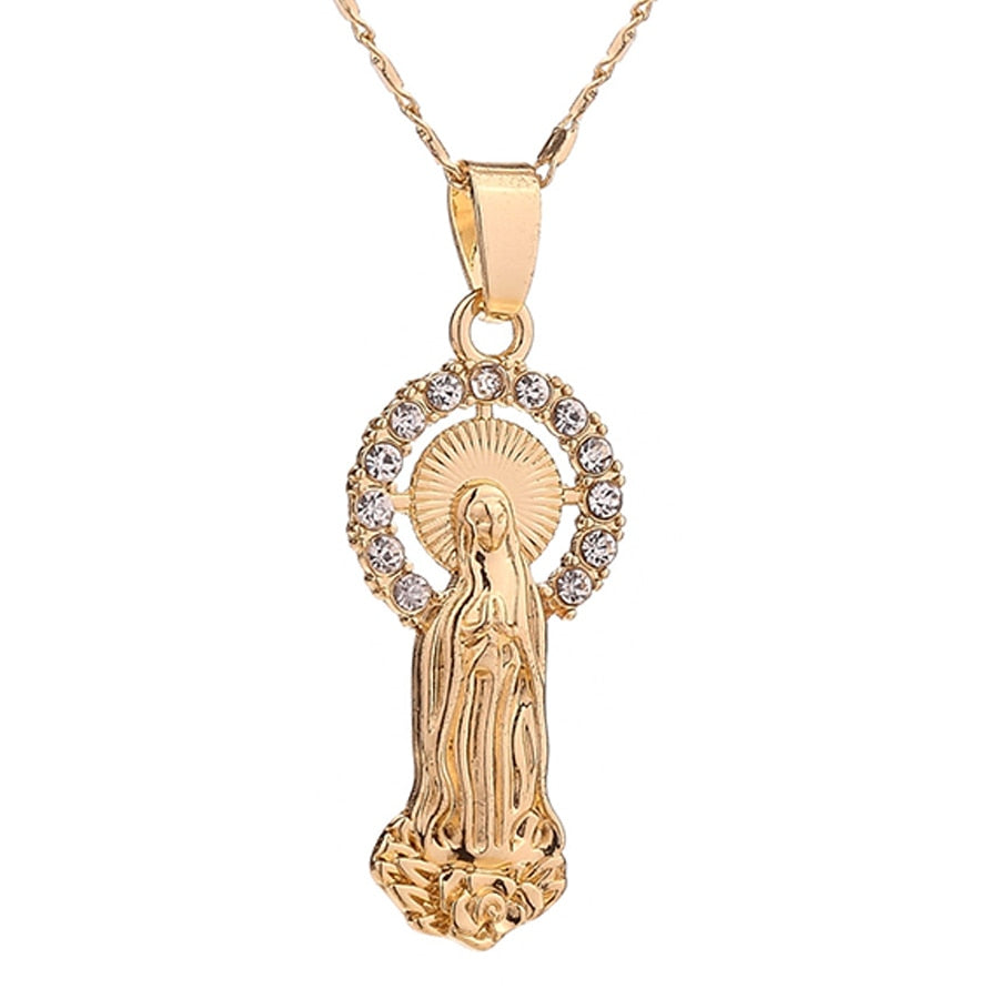 Virgin Mary Pendant Necklaces for Women Stainless Steel Statement Necklace Crystal Jesus Pendants Christian Gold Silver Jewelry
