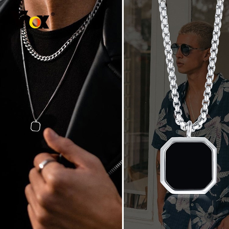 Vnox Black Square Necklace for Men, Stainless Steel Geometric Pendant, Casual Punk Boy Jewelry