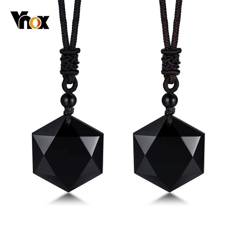 Vnox Drop Shipping Black Obsidian Necklace Star Of David RongDe Men Pendant Lucky Love Crystal Jewelry With Free Adjustable Rope