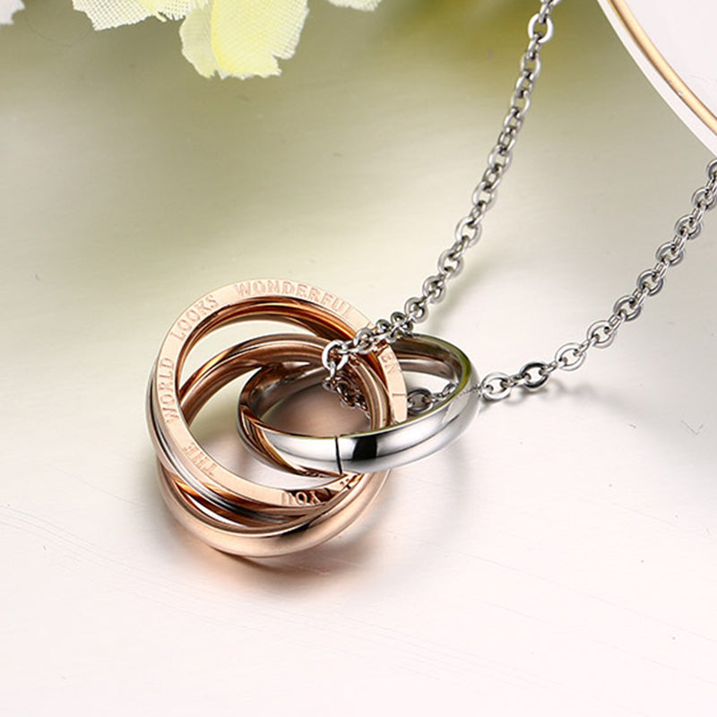 Fashion Interlocked Circle Pendant Engraved Words Couple Necklace Women Men Jewelry Stainless Steel Wedding Jewelry Gift
