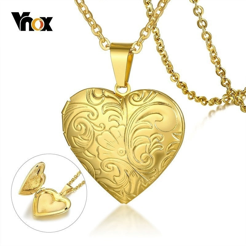 Vnox Fleur-de-lis Heart Locket Pendant for Women Gold Tone Stainless Steel Necklaces with 20" Chain