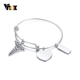 Free Engraving Heart Rectangle Charm Bracelets For Women Bangle Expandable Medical Alert ID Stainless Steel CZ Stones