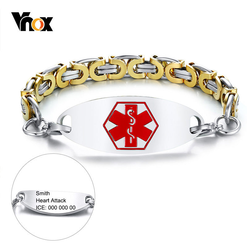 Free Personalize Medical Alert ID Braceles for Women Men Byzantine Link Chain 2 Tone Stainless Steel Type 1 Diabetes Bangle