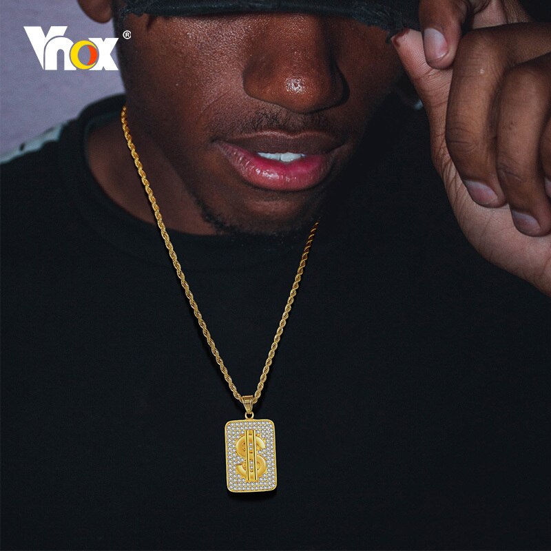 Vnox Heavy Chunky Necklace for Men, Gold Tone Stainless Steel Dollar Pad with Bling AAA CZ Stones Pendant, Punk Rock Boy Jewelry