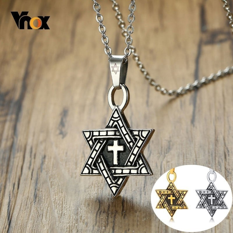 Vnox Men Star of David Necklace Stainless Steel Six Pointed Megan Star Cross Pendant collar masculino