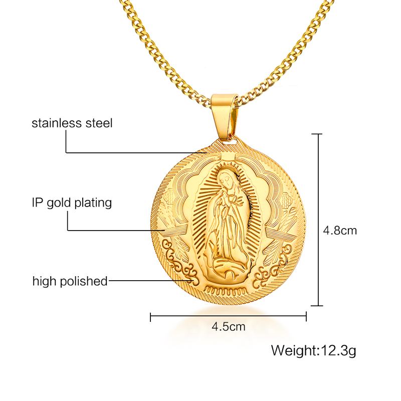 Vnox Mother of God Necklace Pendant Gold-color Stainless Steel Christian Jewelry