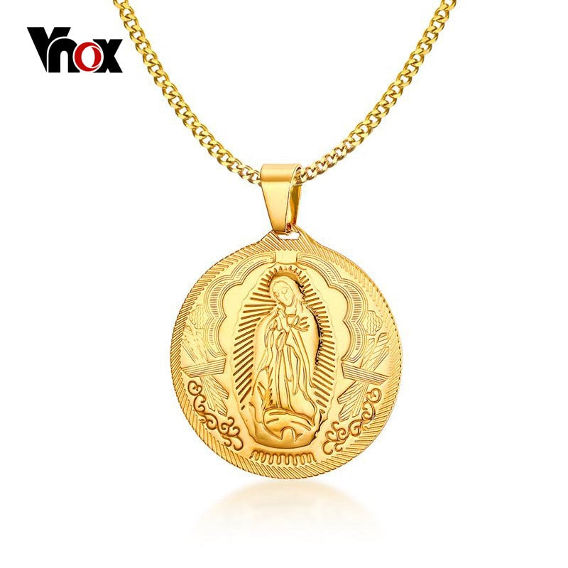 Vnox Mother of God Necklace Pendant Gold-color Stainless Steel Christian Jewelry