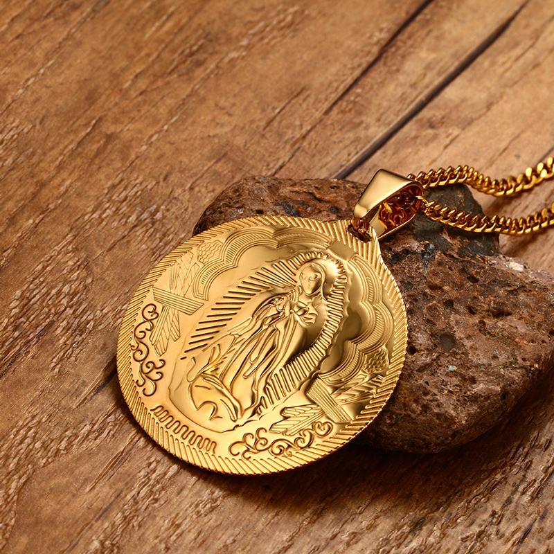 Vnox Mother of God Necklace Pendant Gold-color Stainless Steel Christian Jewelry