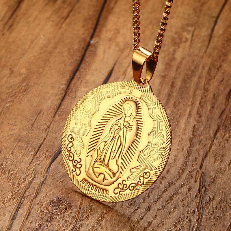 Vnox Mother of God Necklace Pendant Gold-color Stainless Steel Christian Jewelry