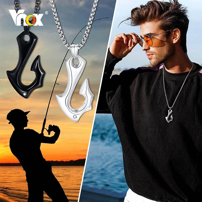 Vnox Punk Men Hook Necklac, Black Gothic Stainless Steel Stylish Fired Shape Pendant, Rock Neck Collar