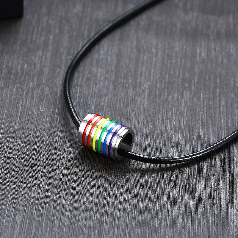 Vnox Rainbow Round Circle Pendant Necklaces for Men Woman LGBT Jewelry with Black Leather Cord Chain