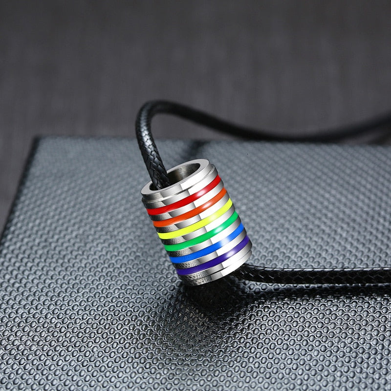 Vnox Rainbow Round Circle Pendant Necklaces for Men Woman LGBT Jewelry with Black Leather Cord Chain