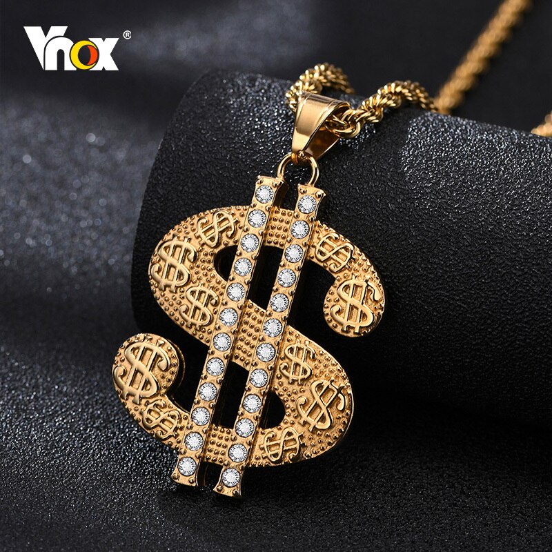 Vnox Rock US Dollar Pendant for Men, Gold Color Stainless Steel with CZ Stones Necklace, Heavy Punk Hiphop Boys Necklace