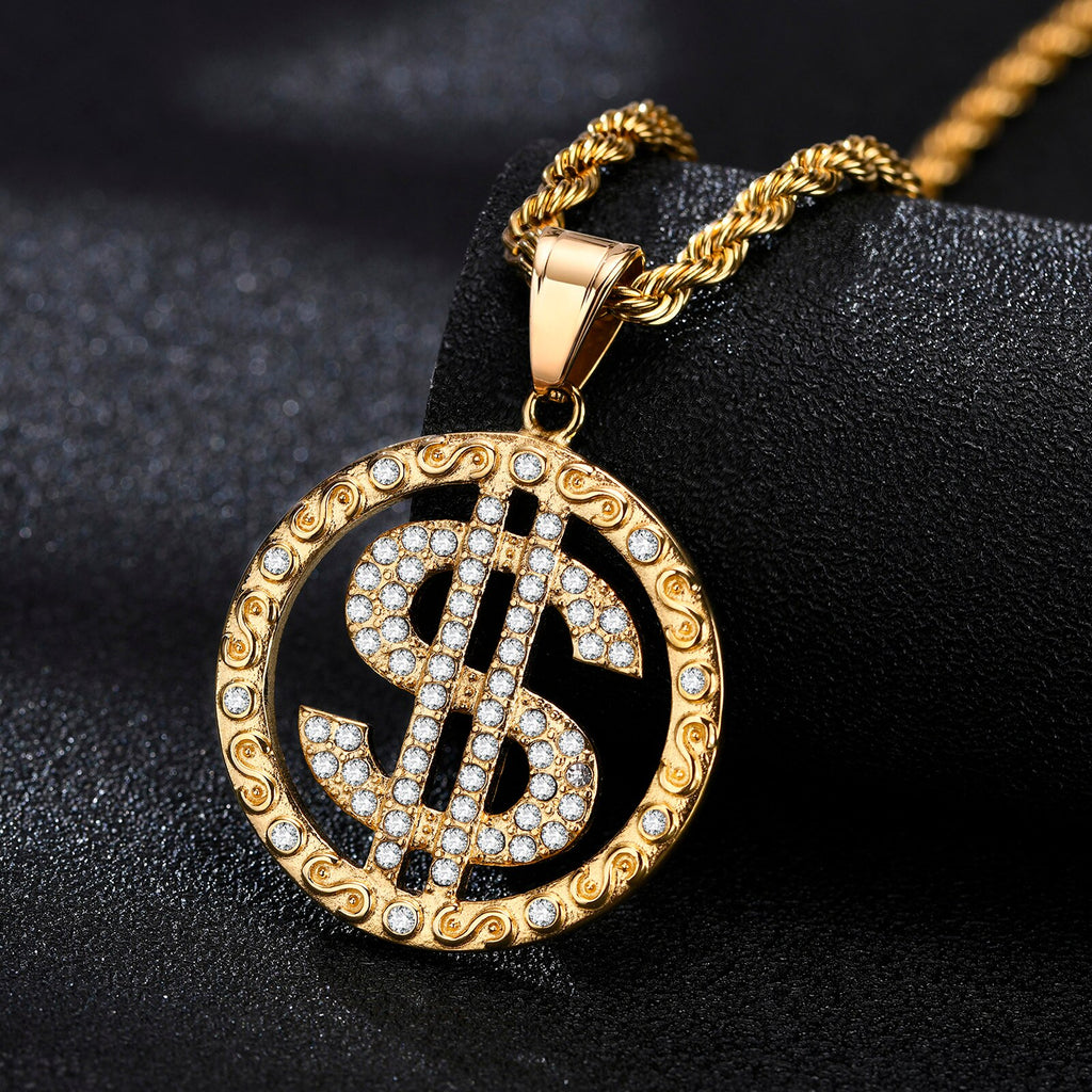 Vnox Rock US Dollar Pendant for Men, Gold Color Stainless Steel with CZ Stones Necklace, Heavy Punk Hiphop Boys Necklace