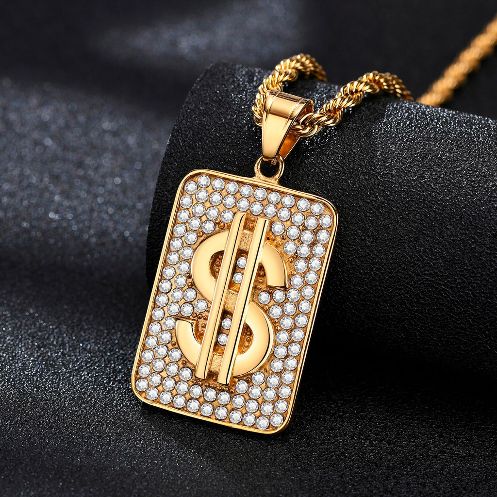 Vnox Rock US Dollar Pendant for Men, Gold Color Stainless Steel with CZ Stones Necklace, Heavy Punk Hiphop Boys Necklace