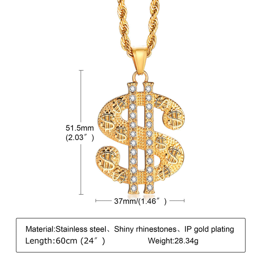 Vnox Rock US Dollar Pendant for Men, Gold Color Stainless Steel with CZ Stones Necklace, Heavy Punk Hiphop Boys Necklace