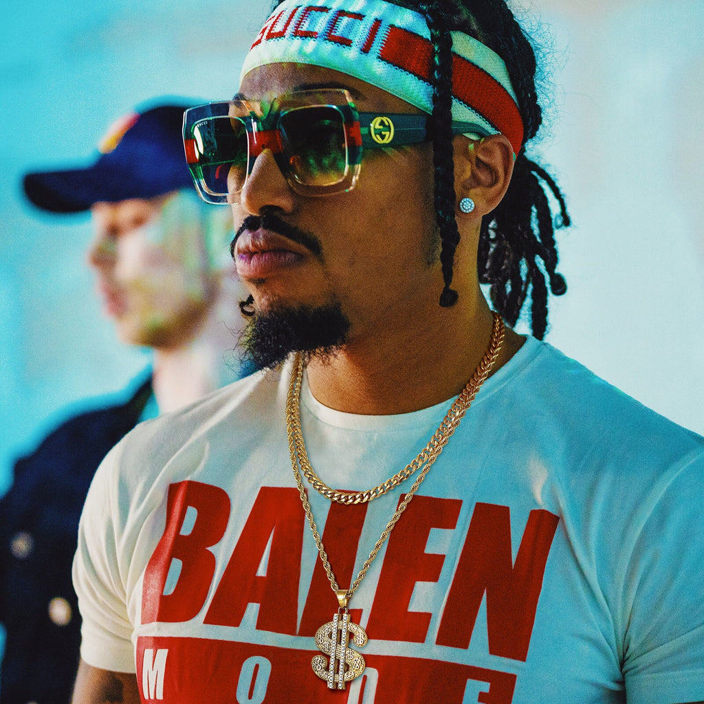 Vnox Rock US Dollar Pendant for Men, Gold Color Stainless Steel with CZ Stones Necklace, Heavy Punk Hiphop Boys Necklace