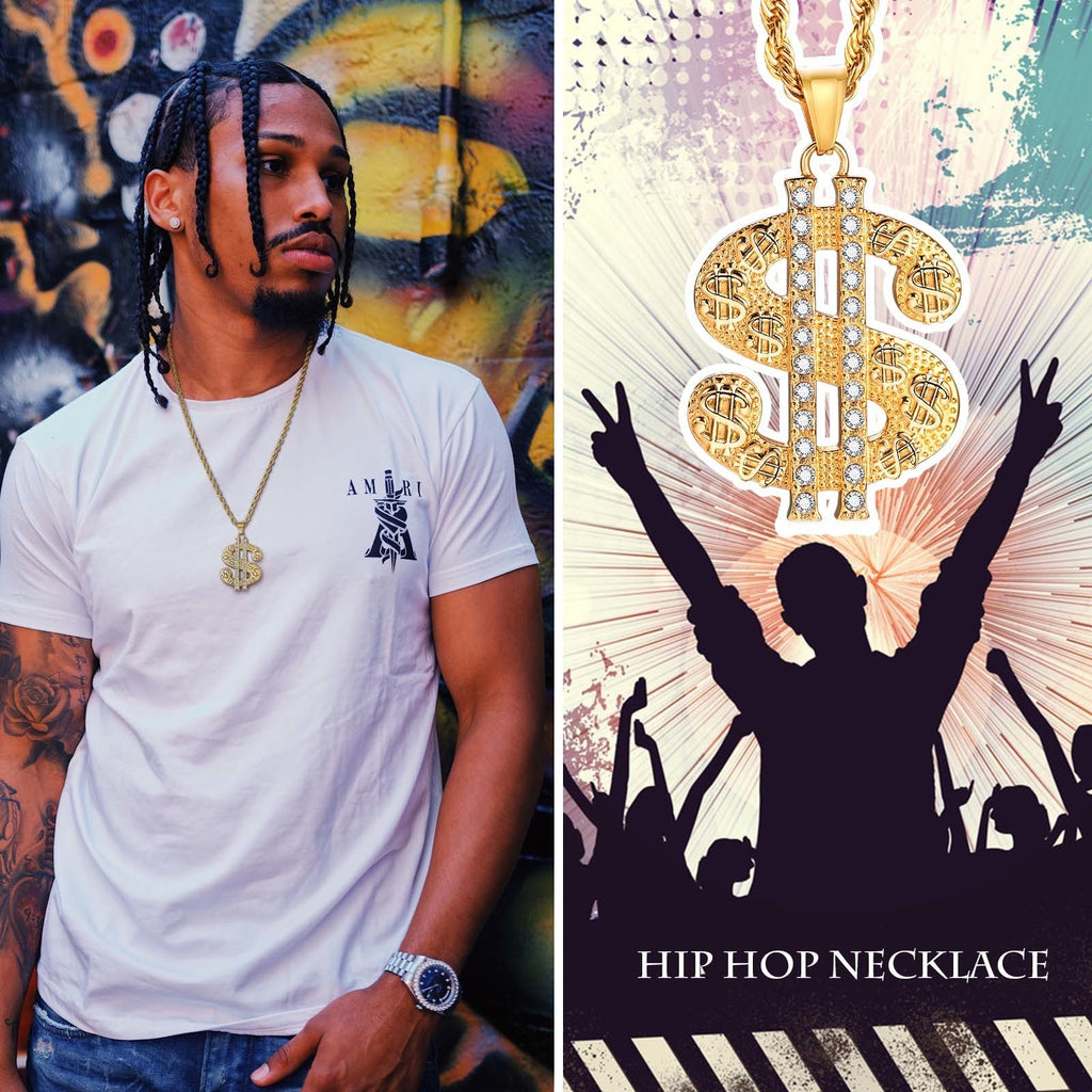 Vnox Rock US Dollar Pendant for Men, Gold Color Stainless Steel with CZ Stones Necklace, Heavy Punk Hiphop Boys Necklace