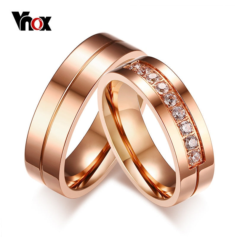 Trendy Wedding Bands Rings for Women / Men Love Rose Gold-color Stainless Steel CZ Promise Jewelry alliance anel