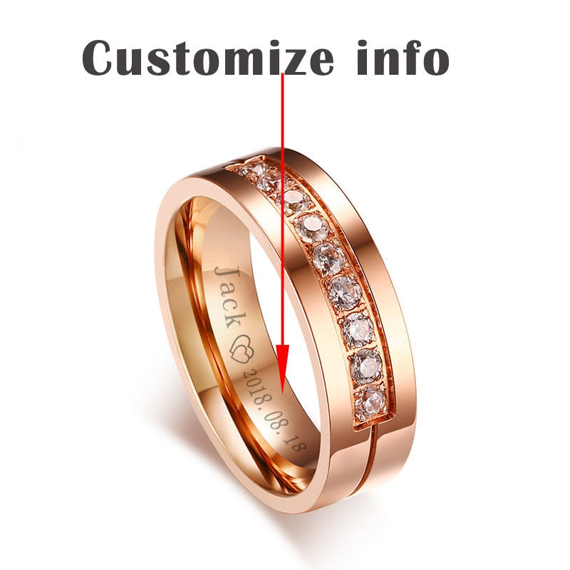 Trendy Wedding Bands Rings for Women / Men Love Rose Gold-color Stainless Steel CZ Promise Jewelry alliance anel