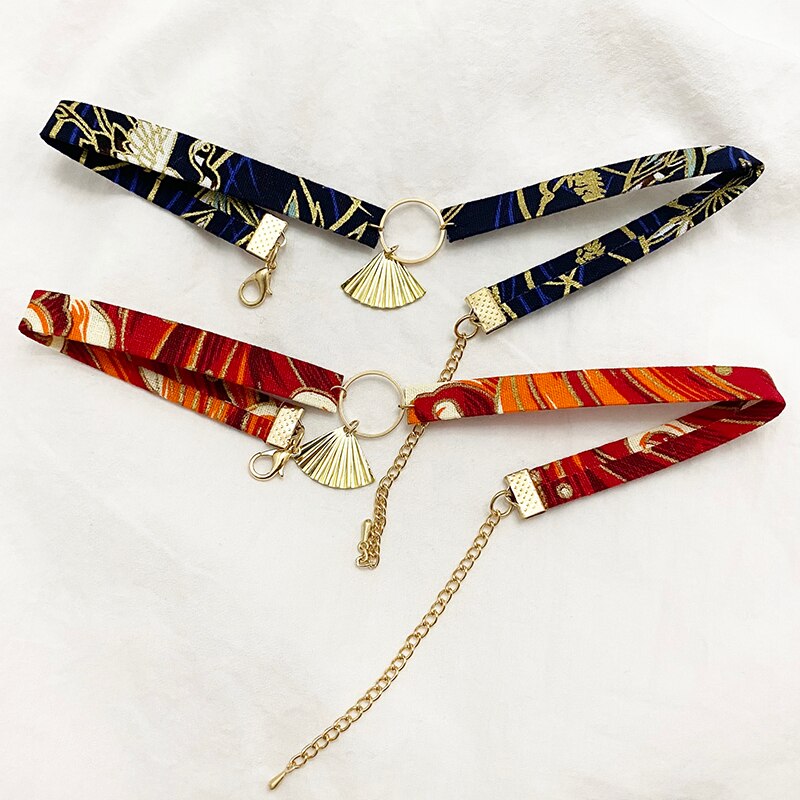 Vogallery Harajuku Black Red Chokers Necklaces Women Fan Gold Color Choker Japanese Crane Short Necklace Sexy Chocker