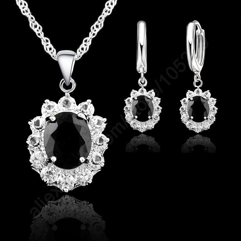 Vogue Princess Wedding Engagement Necklace Earring Jewelry Sets 925 Sterling Silver Oval Black Crystal Good Quality