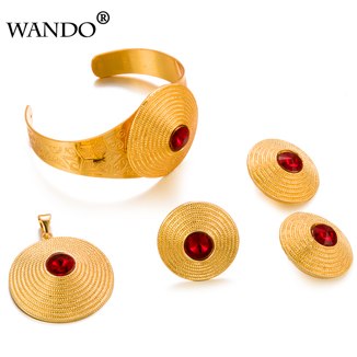 New Gold Color Ethiopian Jewelry Sets Red Stone Ethiopian Habesha Bride Wedding Eritrea Chain African Jewelry WS25
