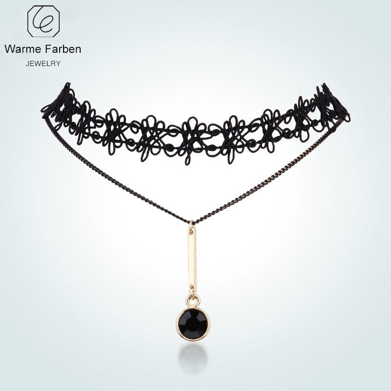 Women Choker Necklace Fine Jewelry Obsidian Pendant Necklace Clavicle Black Lace Double Chain for Party Collares