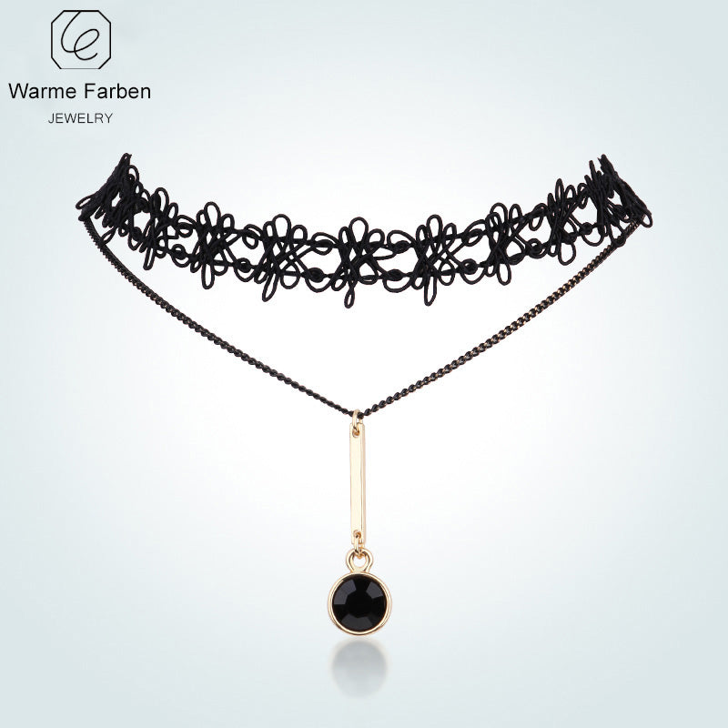 Women Choker Necklace Fine Jewelry Obsidian Pendant Necklace Clavicle Black Lace Double Chain for Party Collares