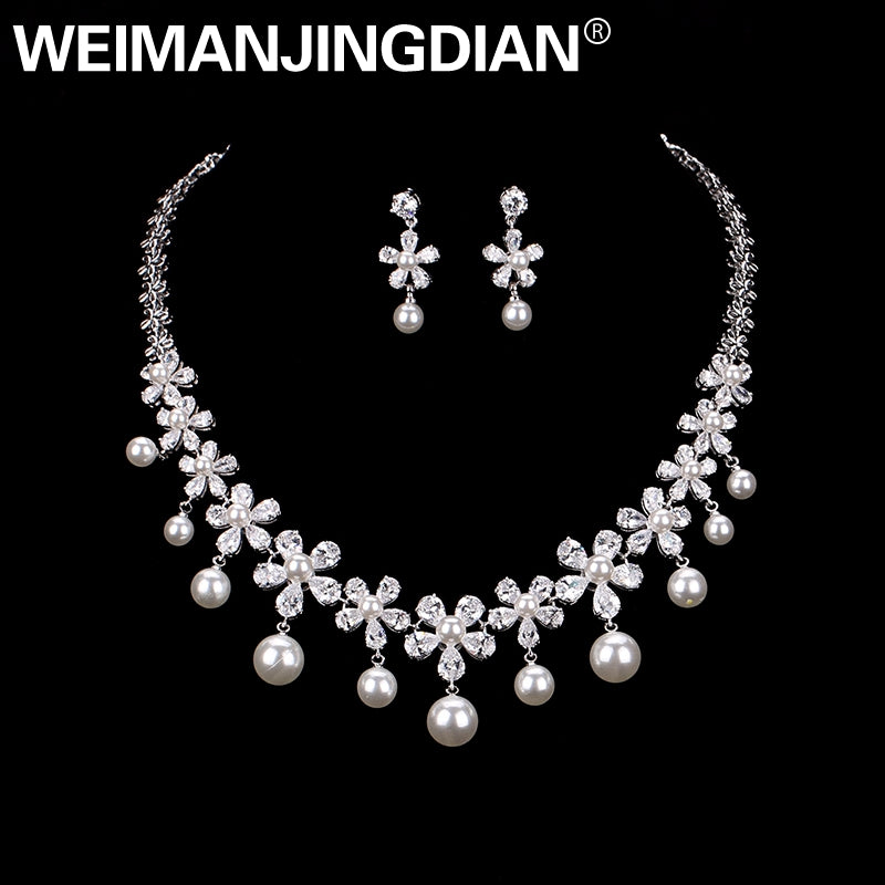 2020-New-Arrival-Flower-Cubic-Zirconia-Simulated-Pearl-Dropped-Necklace-and-Earring-Wedding-Jewelry-Set