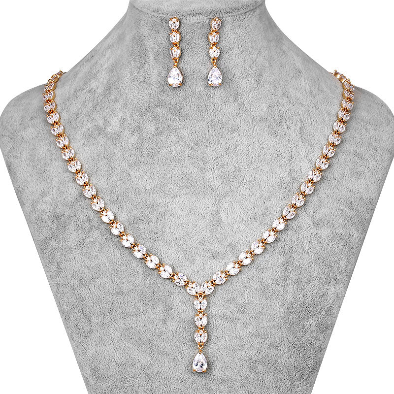 Long Drop Cubic Zirconia CZ Crystal Tennis Necklace and Earring Wedding Jewelry Sets for Bride or Bridesmaid