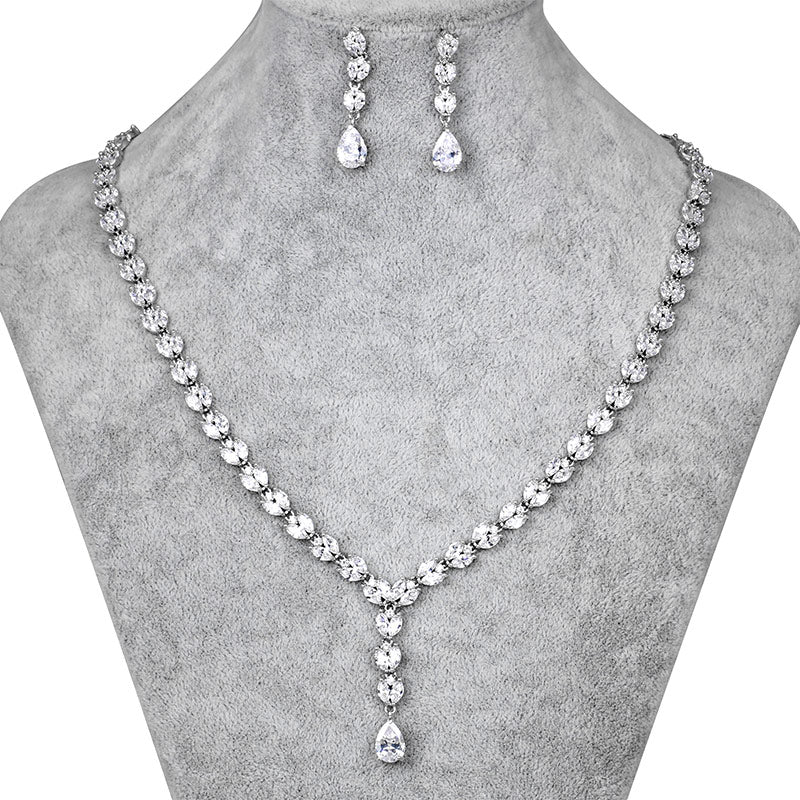 Long Drop Cubic Zirconia CZ Crystal Tennis Necklace and Earring Wedding Jewelry Sets for Bride or Bridesmaid