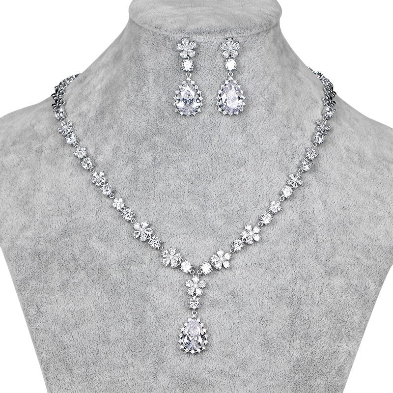 Red / Blue / Clear Teardrop and Flower Cubic Zirconia Crystal Necklace and Earring Set for Wedding or Party