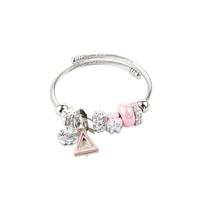 Fashion Ethnic Bangles Beads Heart Pendant Stainless Steel Opened Cuff Charm Adjustable Bracelets Jewelry Female Gift