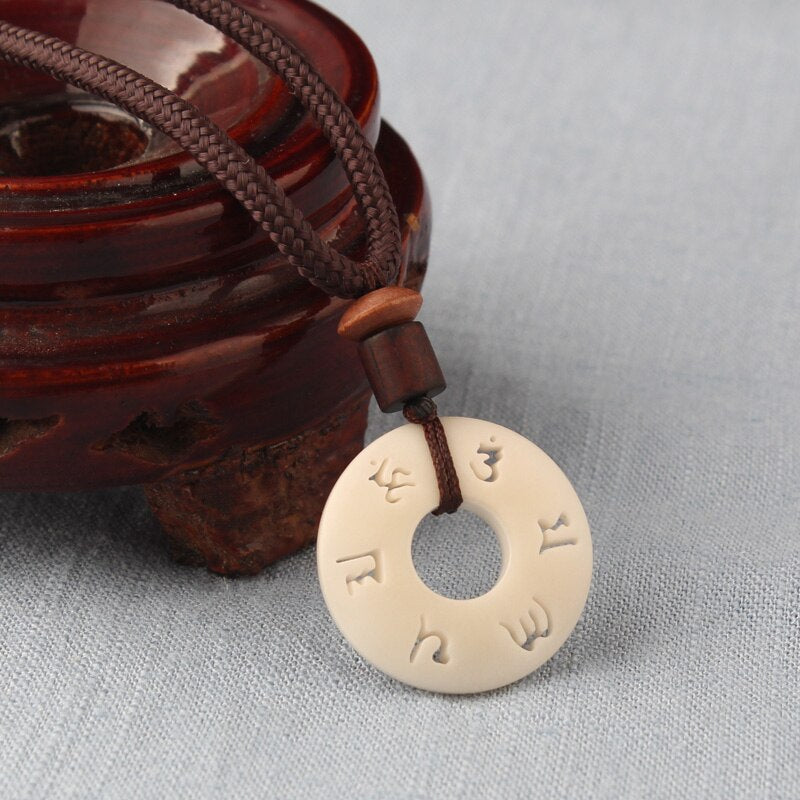 WEIYU Tibetan Buddhist Simple Rope Chain With Handcarved OM Mantra Sign Tagua Nut Pendant Necklace Buddhism Amulet Jewelry