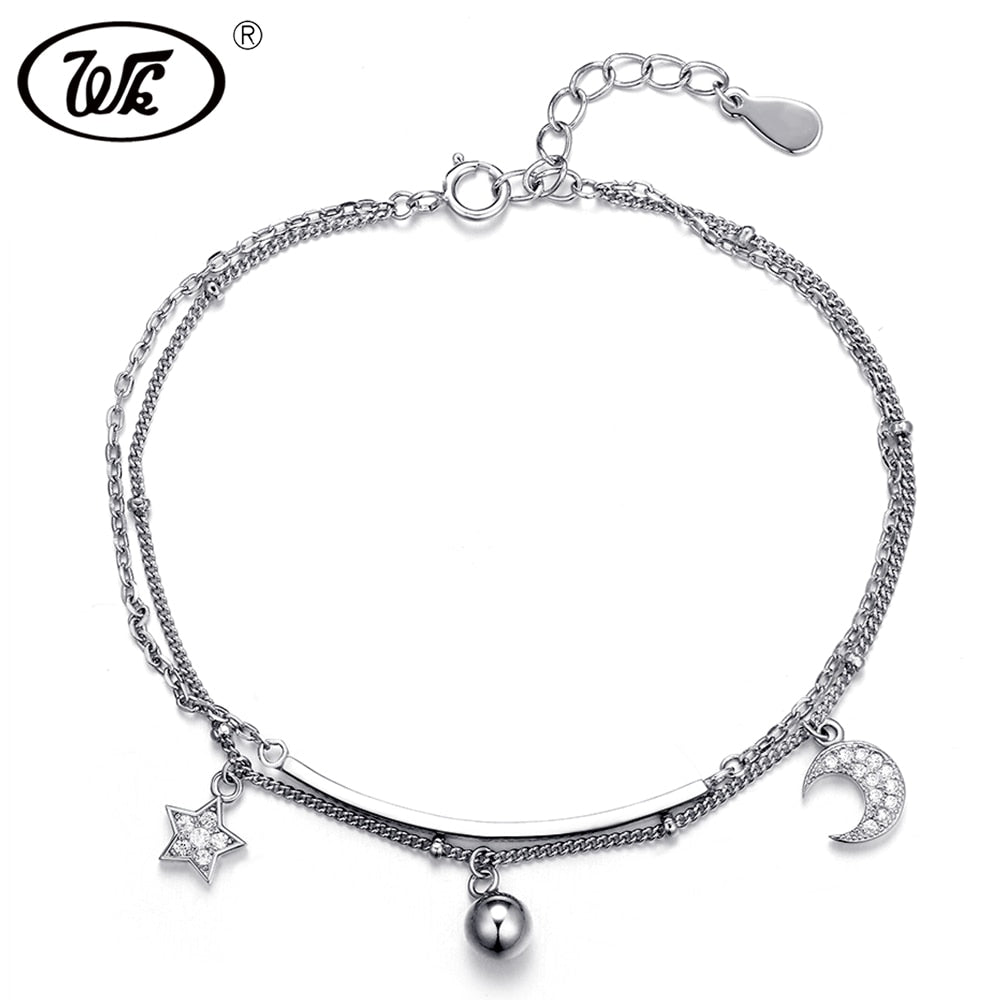 925 Silver Bracelet Women Ladies Drop Ball Star Moon Pendant Double Chains Link Bracelets For Girls Party Jewelry FF BA016
