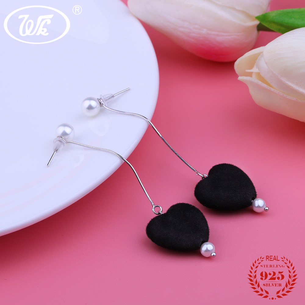 NEW Blace Red Plush Heart Drop Earrings For Women 925 Sterling Silver Long Tassel Velvet Statement Korean Earings W4 EB088