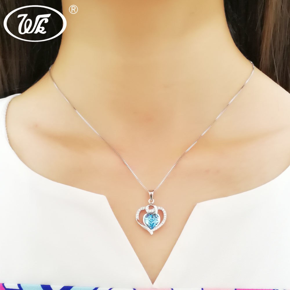 NEW Red Blue Crystal Heart Necklace Silver 925 Jewelry Fashion Beautiful Classic Heart Pendant For Women Fine Gifts W2 NZ028