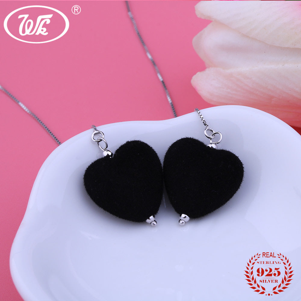 Plush Green Black Red Heart Bohemian Drop Earrings Women 925 Silver Long Tassel Velvet Earing Jewellery Party Gift W2 EB089